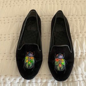 Tory Burch leather slip on. Velvet with beetle detail.